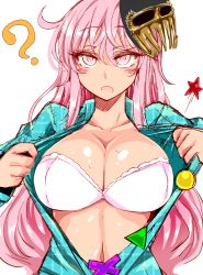 Rule 34 | 1girl, ?, blush, bra, breasts, cleavage, female focus, hata no kokoro, highres, hokuto no ken, jagi, large breasts, long hair, looking at viewer, mask, navel, open clothes, open mouth, open shirt, pink eyes, pink hair, plaid, plaid shirt, popped button, roki (hirokix), shirt, simple background, sketch, solo, sweat, touhou, tsurime, underwear, upper body, very long hair, white background, white bra