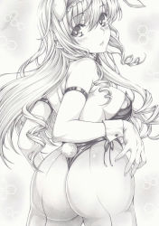 Rule 34 | 1girl, ass, blush, breasts, cecilia alcott, fake tail, graphite (medium), infinite stratos, leotard, long hair, looking at viewer, looking back, mikuro, monochrome, pantyhose, playboy bunny, rabbit tail, sideboob, solo, tail, traditional media