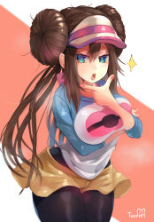 Rule 34 | 1girl, bad id, bad pixiv id, black pantyhose, blue eyes, blush, breasts, brown hair, commentary request, creatures (company), double bun, game freak, hair bun, hand on own chin, highres, large breasts, long fingers, long hair, looking at viewer, md5 mismatch, nail polish, nintendo, open mouth, pantyhose, pink nails, pokemon, pokemon bw2, pokemon masters ex, resolution mismatch, rosa (pokemon), shorts, solo, stroking own chin, torriet, twintails, visor cap, yellow shorts