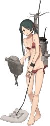 Rule 34 | 1girl, bad anatomy, bare shoulders, barefoot, bikini, breasts, broken, collarbone, flippers, full body, green eyes, green hair, gun, hair ribbon, holding, holding gun, holding weapon, kantai collection, long hair, looking at viewer, machinery, matching hair/eyes, mikuma (kancolle), navel, official art, open mouth, parody, red bikini, ribbon, sandals, shibafu (glock23), side-tie bikini bottom, small breasts, solo, standing, surfboard, swimsuit, torn bikini, torn clothes, torn swimsuit, transparent background, turret, weapon