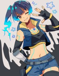 Rule 34 | 1girl, blue hair, brown hair, chest jewel, fiery hair, fingerless gloves, flat chest, gloves, glowing lines, mugimugis, navel, one eye closed, sena (xenoblade), shorts, shoulder strap, side ponytail, smile, solo, sports bra, xenoblade chronicles (series), xenoblade chronicles 3