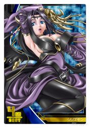 Rule 34 | 1girl, arm behind head, armpits, arms up, bat (symbol), belt, black hair, black wings, blue eyes, breasts, bridal gauntlets, bustier, card, card game, claws, cleavage, demon girl, detached collar, detached sleeves, digimon, digimon jintrix, eyeshadow, facial mark, female focus, forehead mark, hair bun, hair ornament, large breasts, leggings, lilithmon, lips, lipstick, long hair, looking to the side, makeup, mole, multiple wings, open mouth, pointy ears, seven great demon lords, shawl, single hair bun, skin tight, tattoo, wings