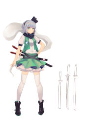 Rule 34 | 1girl, absurdres, black footwear, black hairband, blunt bangs, bob cut, breasts, closed mouth, eyebrows hidden by hair, floral print, full body, green eyes, green skirt, green vest, hairband, hand on own hip, highres, hitodama, katana, konpaku youmu, konpaku youmu (ghost), looking at viewer, negative space, open clothes, open vest, petticoat, puffy short sleeves, puffy sleeves, scarf, sheath, sheathed, shirt, short hair, short sleeves, short sword, silver hair, simple background, skirt, small breasts, solo, standing, sword, thighhighs, touhou, vest, weapon, white background, white shirt, white thighhighs, yongzhe mei hong, zettai ryouiki