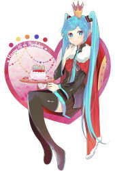 Rule 34 | 1girl, absurdres, birthday, blue eyes, blue hair, blush, boots, cake, cape, collared shirt, crown, cup, food, fur-trimmed cape, fur trim, hand on own face, happy birthday, hatsune miku, highres, holding, holding cup, long hair, long sleeves, looking at viewer, mini crown, nail polish, necktie, pleated skirt, shirt, sitting, skirt, smile, solo, sorami, spring onion, teacup, thigh boots, twintails, very long hair, vocaloid