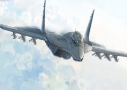 Rule 34 | absurdres, air-to-air missile, aircraft, airplane, cloud, cloudy sky, fighter jet, ground effect, highres, jet, mig-29, military vehicle, mirroraptor, no humans, original, r-27 vympel, r-73 vympel, russian commentary, sky, translation request