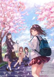 Rule 34 | 4girls, backpack, bag, black hair, black legwear, black skirt, blue skirt, blunt bangs, bow, braid, brown cardigan, brown eyes, brown hair, cardigan, cherry blossoms, clock, closed mouth, cloud, collared shirt, commentary request, day, fukahire (ruinon), grass, hair blowing, half updo, hand in own hair, highres, hime cut, holding, holding bag, loafers, long hair, medium hair, multiple girls, original, outdoors, own hands together, parted lips, petals, plaid, plaid skirt, pleated skirt, purple eyes, red bow, red skirt, sailor collar, school bag, school uniform, serafuku, shirt, shoes, sitting, skirt, sky, smile, stairs, standing, stone stairs, tree, twin braids, white cardigan, white legwear, white shirt