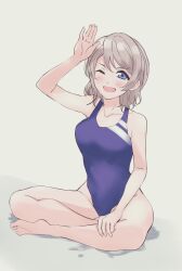 Rule 34 | 1girl, blue eyes, breasts, brown hair, full body, highres, looking at viewer, love live!, love live! sunshine!!, medium breasts, one eye closed, open mouth, salute, sansensui, sitting, smile, solo, swimsuit, thighs, watanabe you, wavy hair