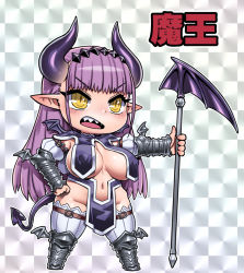 Rule 34 | 1girl, boots, breast curtains, breasts, chibi, demon girl, demon horns, demon tail, full body, grey background, hand on own hip, holding, holding staff, horns, kosuke orz, large breasts, long hair, navel, no panties, open mouth, original, pelvic curtain, purple hair, sharp teeth, solo, staff, tail, teeth, thighhighs, vambraces, white thighhighs, yellow eyes