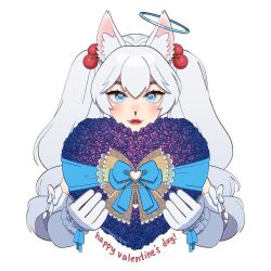 Rule 34 | 1girl, 2023, animal ear fluff, animal ears, blue bow, blue eyes, blue ribbon, bow, cherry hair ornament, elbow gloves, fang, flower, food-themed hair ornament, fox ears, fox girl, gloves, hair ornament, halo, happy valentine, heart, indie virtual youtuber, kirsche verstahl, kuwagotheowl, purple flower, purple rose, red lips, ribbon, rose, second-party source, twintails, twitter username, virtual youtuber, white bow, white gloves