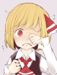 Rule 34 | 1girl, ascot, black vest, blonde hair, blouse, collared shirt, commentary request, crying, crying with eyes open, frown, hair ribbon, jagabutter, looking at viewer, red ascot, red eyes, red ribbon, ribbon, rumia, shirt, short hair, sleeves past wrists, snort, snot, sobbing, solo, teardrop, tears, touhou, trembling, upper body, vest, white shirt, wiping tears
