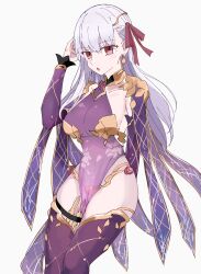 1girl absurdres armlet armor bare_shoulders bikini_armor bracelet breasts collar detached_sleeves dress earrings fate/grand_order fate_(series) floral_print hair_ribbon highres jewelry kama_(fate) kama_(second_ascension)_(fate) large_breasts long_hair looking_at_viewer metal_collar open_mouth pelvic_curtain purple_dress purple_sleeves purple_thighhighs red_eyes ribbon ring solo thighhighs thighlet thighs white_hair yamamon_0