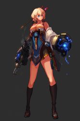 Rule 34 | 00s, blonde hair, blue eyes, dungeon and fighter, female gunner (dungeon and fighter), female mechanic (dungeon and fighter), gun, gunner (dungeon and fighter), hair ornament, korean clothing, machine, mechanic, redesign, simple background, skirt, weapon