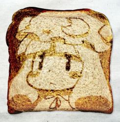 Rule 34 | 1girl, :&lt;, blueberry (5959), bread, bread slice, crescent, food, food art, hat, lowres, patchouli knowledge, solo, the bread art project, toast, touhou, unconventional media