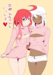 Rule 34 | 2girls, ahoge, blue eyes, blush, bottomless, breasts, cleavage, cleavage cutout, clothes lift, clothes tug, clothing cutout, dark skin, dark-skinned female, elphelt valentine, guilty gear, guilty gear xrd, heart, kusu (moo1225), large breasts, looking at viewer, meme attire, multiple girls, navel, open-chest sweater, pink hair, ramlethal valentine, ribbed sweater, short shorts, shorts, siblings, sisters, smile, sweater, sweater lift, sweater tug, turtleneck, white hair, yellow eyes