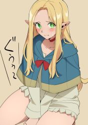 Rule 34 | 1girl, alternate hairstyle, arms between legs, blonde hair, blue capelet, blush, bright pupils, capelet, choker, commentary, dungeon meshi, elf, furrowed brow, green eyes, hair down, highres, hungry, light frown, long hair, looking at viewer, marcille donato, pointy ears, red choker, sakura 1110ssmm, shirt, simple background, sitting, solo, stomach growling, sweatdrop, thighs, translated, white pupils, white shirt, yellow background
