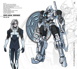 Rule 34 | 1boy, absurdres, apoloniodraws, arm shield, bionicle, blue bodysuit, blue eyes, blue gloves, bodysuit, character name, clenched hands, covered collarbone, full body, gloves, grey hair, highres, kopaka (bionicle), long hair, looking down, male focus, mecha, mechanization, multicolored bodysuit, multicolored clothes, one eye covered, original, pilot suit, robot, science fiction, standing, sword, the lego group, weapon, weapon on back