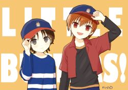Rule 34 | 2boys, :d, aged down, animal print, black eyes, black shirt, blue headwear, blue shirt, blush, brown eyes, brown hair, cat print, closed mouth, commentary, copyright name, hair between eyes, hand on headwear, hand up, hat, head tilt, little busters!, long sleeves, looking at viewer, multiple boys, naoe riki, natsume kyousuke, open clothes, open mouth, open shirt, orange background, peaked cap, piyo (kinkooo333), red shirt, shirt, short hair, short sleeves, signature, simple background, smile, upper body