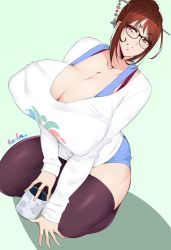 Rule 34 | 1girl, breasts, brown eyes, brown hair, cleavage, covered erect nipples, curvy, glasses, hair ornament, highres, huge breasts, kneeling, mei (overwatch), overwatch, overwatch 1, parted lips, smile, solo, thick thighs, thighhighs, thighs, wide hips