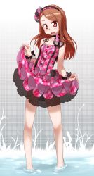 Rule 34 | 1girl, bare legs, bare shoulders, barefoot, blush, brown eyes, brown hair, clothes lift, face, feet, flat chest, full body, grass, hairband, highres, idolmaster, idolmaster (classic), long hair, minase iori, petite, skirt, skirt lift, sleeveless, soaking feet, solo, standing, toes, ttomm, wading, water