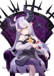 Rule 34 | 1girl, absurdres, ahoge, bare shoulders, black horns, black nails, braid, braided bangs, card, grey hair, highres, holding, holding card, hololive, horns, la+ darknesss, la+ darknesss (1st costume), lerk puzz, looking at viewer, multicolored hair, pointy ears, purple hair, purple thighhighs, single thighhigh, sitting, smile, solo, streaked hair, striped horns, thighhighs, virtual youtuber, yellow eyes