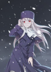 Rule 34 | 1girl, absurdres, adjusting hair, capelet, coat, fate/stay night, fate (series), floating hair, fur hat, grey background, hair between eyes, hat, highres, illyasviel von einzbern, linjie, long hair, looking at viewer, papakha, purple capelet, purple coat, purple hat, red eyes, silver hair, smile, snowing, solo, standing, very long hair, white neckwear, winter clothes, winter coat