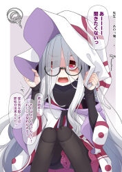 Rule 34 | 1girl, bags under eyes, black-framed eyewear, black dress, black pantyhose, covered collarbone, doll joints, dress, eyes visible through hair, fangs, glasses, grey background, grey hair, hair over one eye, hands up, hat, highres, hood, hood down, hooded robe, iberis (ogami kazuki), joints, knees together feet apart, knees up, long sleeves, off shoulder, ogami kazuki, open mouth, original, pantyhose, red eyes, robe, semi-rimless eyewear, sleeves past wrists, solo, squiggle, thick eyebrows, thighband pantyhose, translation request, two-tone background, under-rim eyewear, white background, white hat, white robe, witch hat