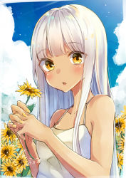 Rule 34 | 1girl, bare arms, bare shoulders, blue sky, blush, breasts, cloud, collarbone, commentary, dated, day, fingernails, flower, highres, holding, holding flower, kodama (koda mat), long hair, looking at viewer, nail polish, original, outdoors, parted lips, signature, sky, sleeveless, small breasts, solo, sunflower, upper body, white hair, yellow eyes, yellow nails