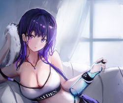 Rule 34 | 1girl, :o, absurdres, alternate costume, armpits, bare arms, bare shoulders, bottle, breasts, cleavage, collarbone, crop top, dana (hapong07), earrings, genshin impact, highleg, highres, holding, jewelry, large breasts, long hair, looking at viewer, midriff, mole, mole under eye, necklace, parted lips, purple eyes, purple hair, raiden shogun, sleeveless, solo, sports bra, strap slip, sweat, towel, water bottle