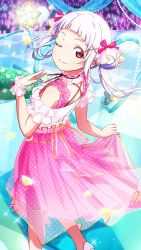 Rule 34 | 1girl, ;), arashi chisato, artist name, artist request, back bow, bare legs, blush, bow, breasts, detached collar, double bun, dress, female focus, floating hair, frilled cuffs, frilled dress, frills, from behind, glowstick, hair bow, hair bun, hair ornament, hair tie, high heels, highres, holding, holding clothes, holding skirt, long hair, looking at viewer, looking back, love live!, love live! school idol festival, love live! superstar!!, miniskirt, neck ribbon, on stage, one eye closed, parted lips, pink bow, pink skirt, plaid, plaid dress, plaid skirt, pleated, pleated dress, pleated skirt, polka dot, polka dot skirt, red bow, red eyes, ribbon, single wrist cuff, skirt, sleeveless, sleeveless dress, smile, solo, sparkle, stage, stage lights, twintails, wavy hair, white detached collar, white dress, white footwear, white hair, white wrist cuffs, wink, wrist bow, wrist cuffs, x hair ornament