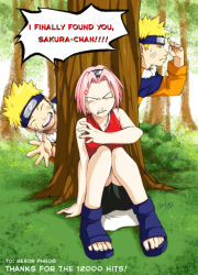Rule 34 | 1girl, 2boys, anger vein, angry, annoyed, artist request, bare shoulders, bike shorts, blonde hair, blue footwear, clone, dress, english text, forehead protector, forest, grass, hand up, haruno sakura, headband, headdress, jacket, knees together feet apart, konohagakure symbol, long sleeves, looking afar, looking at another, looking to the side, multiple boys, naruto, naruto (series), nature, no pupils, toeless footwear, pink hair, red dress, salute, shoes, short hair, shorts, sitting, skirt, sleeveless, sleeveless dress, smile, spandex, speech bubble, spiked hair, sweatdrop, text focus, toes, tree, uzumaki naruto, white skirt