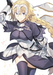 Rule 34 | 1girl, armor, armored dress, blonde hair, breasts, fate/grand order, fate (series), gloves, hair between eyes, headpiece, highres, jeanne d&#039;arc (fate), jeanne d&#039;arc (ruler) (fate), large breasts, looking at viewer, nikame, over shoulder, polearm, purple eyes, purple thighhighs, smile, solo, standard bearer, sword, sword over shoulder, thighhighs, thighs, weapon, weapon over shoulder, white background