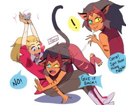 Rule 34 | 2girls, adora (she-ra), animal ears, artist request, blonde hair, cat ears, catra, english text, highres, masters of the universe, mouse (animal), multiple girls, she-ra, she-ra and the princesses of power, tail