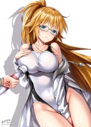 Rule 34 | 1girl, ayakawa riku, bare shoulders, between legs, blonde hair, blue eyes, blush, bracelet, breasts, collarbone, command spell, competition swimsuit, fate/grand order, fate (series), frown, glasses, hair between eyes, hand between legs, hand on own chest, hitachi magic wand, hood, hooded jacket, jacket, jeanne d&#039;arc (fate), jeanne d&#039;arc (ruler) (fate), jeanne d&#039;arc (swimsuit archer) (fate), jeanne d&#039;arc (swimsuit archer) (second ascension) (fate), jewelry, large breasts, long hair, looking at viewer, nipple stimulation, one-piece swimsuit, ponytail, sex toy, signature, solo, swimsuit, thighs, very long hair, vibrator, vibrator on nipple, whistle, whistle around neck, white jacket, white one-piece swimsuit
