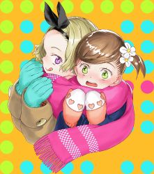 Rule 34 | 2girls, :q, blonde hair, blush, brown hair, flower, garex, gloves, green eyes, hair flower, hair ornament, hairband, heart, mittens, multiple girls, original, pink scarf, purple eyes, scarf, shared clothes, shared scarf, short ponytail, side ponytail, tongue, tongue out, upper body
