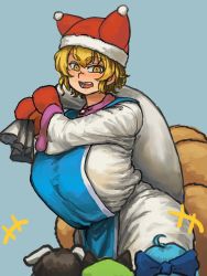 Rule 34 | +++, 4girls, animal ears, animal hat, blonde hair, blue background, blue hair, bow, breasts, bright pupils, brown hair, cat ears, chanta (ayatakaoisii), chen, christmas, cirno, extra ears, fox ears, fox tail, gloves, hair bow, hat, highres, huge breasts, inaba tewi, long sleeves, looking at another, mob cap, multiple girls, multiple tails, nekomata, over shoulder, mob cap, rabbit ears, red gloves, sack, santa costume, santa hat, simple background, slit pupils, tabard, tail, tassel, touhou, wide sleeves, yakumo ran, yellow eyes