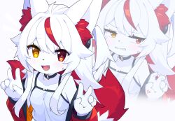 Rule 34 | 1girl, :d, ahoge, android, anger vein, angry, animal ear fluff, animal ears, averting eyes, bare shoulders, black choker, blue shirt, blush, body fur, breasts, bright pupils, choker, clenched teeth, collarbone, dev voxy, double v, embarrassed, fang, female focus, fox ears, fox girl, fox tail, furry, furry female, half-closed eyes, heterochromia, highres, jacket, k-n.1a (dev voxy), long hair, looking at viewer, looking to the side, multicolored hair, multiple tails, multiple views, nervous smile, notice lines, o-ring, o-ring choker, off shoulder, one side up, open clothes, open jacket, open mouth, original, red eyes, red hair, red jacket, sharp teeth, shirt, sidelocks, sleeveless, sleeveless shirt, small breasts, smile, solo, spaghetti strap, streaked hair, sweat, tail, teeth, trembling, two-tone hair, two tails, v, v-shaped eyebrows, white fur, white hair, white pupils, yellow eyes, zoom layer