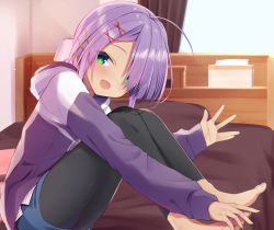 Rule 34 | 1girl, :d, ahoge, barefoot, black leggings, blue shorts, blush, copyright request, curtains, day, eyes visible through hair, green eyes, hair ornament, hair over one eye, hairclip, highres, hood, hood down, hoodie, indoors, knees up, leggings, on bed, open mouth, pillow, purple hair, purple hoodie, segaxtu, short shorts, shorts, sitting, smile, solo, sunlight, window, x hair ornament
