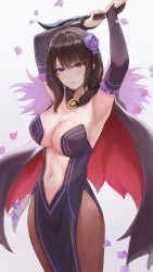 Rule 34 | 1girl, absurdres, armpits, arms up, black dress, black hair, black pantyhose, blush, breasts, cape, center opening, cleavage, cowboy shot, detached sleeves, dress, elsa granhilte, flower, frilled sleeves, frills, hair flower, hair ornament, highres, large breasts, long hair, looking at viewer, mole, mole under eye, navel, pantyhose, parted lips, petals, purple eyes, purple flower, purple rose, re:zero kara hajimeru isekai seikatsu, revealing clothes, rose, sauvignon, side slit, white background