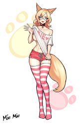 Rule 34 | 1girl, animal ears, blonde hair, blush, breasts, choker, collarbone, commentary, commission, english commentary, glasses, grizz, hair between eyes, heart, highres, looking at viewer, original, shirt, shorts, solo, striped clothes, striped thighhighs, tail, thighhighs, tongue, tongue out, underboob