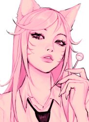 Rule 34 | 1girl, ahri (league of legends), animal ears, candy, chupa chups, crescentkitten, facial mark, food, fox ears, highres, holding, holding food, league of legends, lollipop, long hair, looking at viewer, necktie, pink eyes, pink hair, shirt, simple background, solo, whisker markings, white background