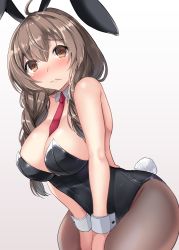 Rule 34 | 1girl, absurdres, ahoge, animal ears, bare shoulders, between breasts, black pantyhose, blush, breasts, brown eyes, brown hair, cleavage, confused, fake animal ears, gin&#039;ichi (akacia), highres, kantai collection, large breasts, leotard, long hair, looking at viewer, necktie, necktie between breasts, pantyhose, playboy bunny, rabbit ears, rabbit tail, shinshuu maru (kancolle), solo, tail, twintails