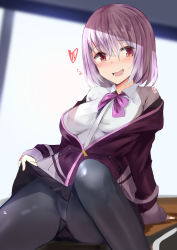 Rule 34 | 10s, 1girl, black skirt, blush, bow, bowtie, breasts, clothes lift, collared shirt, fang, gridman universe, hair between eyes, highres, jacket, large breasts, light purple hair, long sleeves, looking at viewer, muoto, off shoulder, open mouth, panties, panties under pantyhose, pantyhose, purple bow, purple jacket, purple neckwear, red eyes, school uniform, shinjou akane, shirt, sile, skirt, skirt lift, sleeves past wrists, ssss.gridman, underwear, zipper pull tab