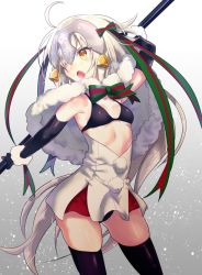 Rule 34 | 1girl, ahoge, bell, blonde hair, breasts, cape, cleavage, elbow gloves, fate/grand order, fate (series), fur-trimmed cape, fur trim, gloves, gluteal fold, hair over one eye, headpiece, jeanne d&#039;arc (fate), jeanne d&#039;arc alter santa lily (fate), linea alba, long hair, makita (homosapiensu), skindentation, skirt, small breasts, solo, thighhighs, thighs, v-shaped eyebrows, very long hair, yellow eyes