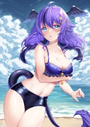 Rule 34 | 1girl, :o, absurdres, ahoge, arm under breasts, beach, bikini, blue eyes, blush, breasts, crescent, crescent hair ornament, crymsie, day, hair ornament, head wings, highres, indie virtual youtuber, kin (vtuber), long hair, looking at viewer, medium breasts, navel, outdoors, purple hair, second-party source, solo, star (symbol), star hair ornament, swimsuit, tail, virtual youtuber, water, wet, wings