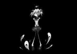 Rule 34 | 1girl, abstract, black background, crown, distortion, highres, kaname madoka, looking at viewer, mahou shoujo madoka magica, monochrome, no mouth, one-eyed, rigel0310, school uniform, skinny, solo