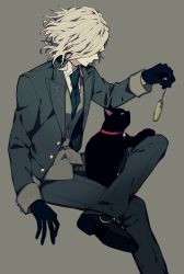 Rule 34 | 1boy, animal, cat, edmond dantes (fate), fate/grand order, fate (series), grey background, hat, highres, jacket, male focus, short hair, simple background, smile, solo, syubare, wavy hair, white hair