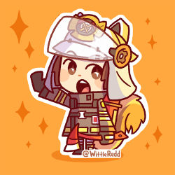 Rule 34 | 1girl, animal ears helmet, arknights, arm up, axe, black footwear, black gloves, black jacket, brown hair, chibi, commentary, english commentary, fire helmet, firefighter, firefighter jacket, full body, gloves, helmet, holding, holding axe, jacket, long sleeves, looking at viewer, open mouth, orange background, shaw (arknights), short hair, solo, squirrel girl, squirrel tail, star (symbol), symbol-shaped pupils, tail, teeth, twitter username, upper teeth only, wittle red