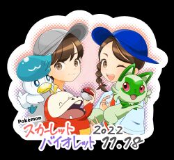 Rule 34 | 1boy, 1girl, ;d, blue headwear, braid, brown eyes, brown hair, closed mouth, commentary request, copyright name, creatures (company), dated, florian (pokemon), fuecoco, game freak, grey headwear, hand up, hat, holding, holding poke ball, ichi (1994july), juliana (pokemon), necktie, nintendo, one eye closed, open mouth, orange necktie, poke ball, poke ball (basic), pokemon, pokemon (creature), pokemon sv, quaxly, shirt, short hair, smile, sprigatito, starter pokemon trio, teeth, tongue, upper teeth only