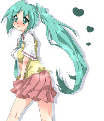 Rule 34 | 1girl, 3:, aqua eyes, aqua hair, aqua necktie, aqua outline, bare arms, between breasts, breasts, closed mouth, cowboy shot, eyebrows, eyes visible through hair, from side, frown, furrowed brow, heart, high ponytail, higurashi no naku koro ni, home (houmei), kneepits, legs apart, long hair, looking at viewer, miniskirt, necktie, necktie between breasts, open clothes, open vest, outline, pink skirt, pleated skirt, shirt, short sleeves, silhouette, simple background, skirt, solo, sonozaki mion, standing, v arms, very long hair, vest, white background, white shirt, yellow vest