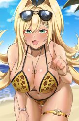 Rule 34 | 1girl, :d, animal print, beach, bikini, blonde hair, blush, breasts, cleavage, day, eyewear on head, fang, goddess of victory: nikke, green eyes, hair between eyes, jewelry, large breasts, leaning forward, leopard print, long hair, necklace, nyang1, ocean, open mouth, outdoors, ponytail, rupee (nikke), smile, solo, sunglasses, swimsuit, thigh gap, thighlet, water